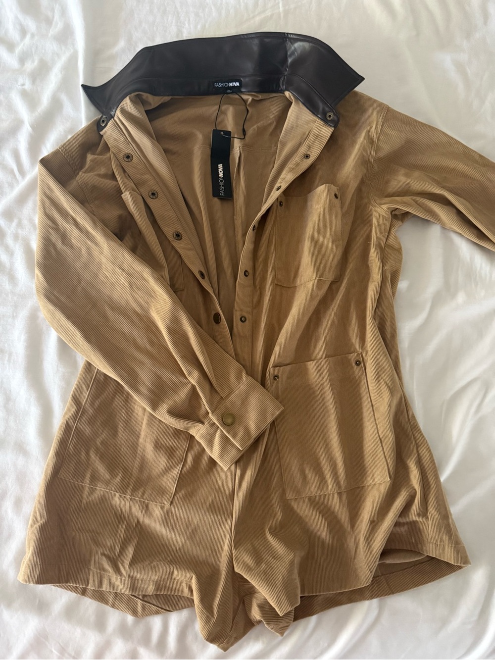 Fashion Nova Tan Utility Jacket with Dark Brown Collar